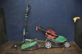 A QUALCAST ELECTRIC LAWN MOWER with grass box and a MacAllister MHTP550P long hedge trimmer (both