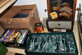 TWO BOXES AND LOOSE RADIO, GLASS, BOOKS AND SUNDRY ITEMS, to include a Bakelite Ultra radio, a boxed