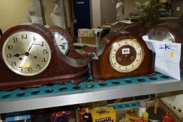FIVE EARLY TO MID 20TH CENTURY WOODEN CASED DOME TOP MANTEL CLOCKS, including a Smiths Enfield and a