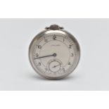 A 'LONGINES' OPEN FACE POCKET WATCH, manual wind, round silver dial signed 'Longines', Arabic