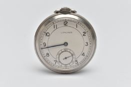 A 'LONGINES' OPEN FACE POCKET WATCH, manual wind, round silver dial signed 'Longines', Arabic