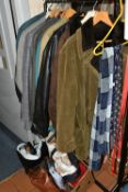 ONE BOX, ONE SUITCASE AND ONE RAIL OF GENTLEMEN'S CLOTHING, to include ten jackets, maker's names