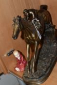 ONE BOX OF RECORDS AND A BRONZED FIGURE, comprising a bronzed figure of a racing horse and jockey,