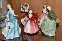 FIVE ROYAL DOULTON FIGURINES, comprising Yvonne HN3038, The Polka HN2156, Karen HN2388, Janet