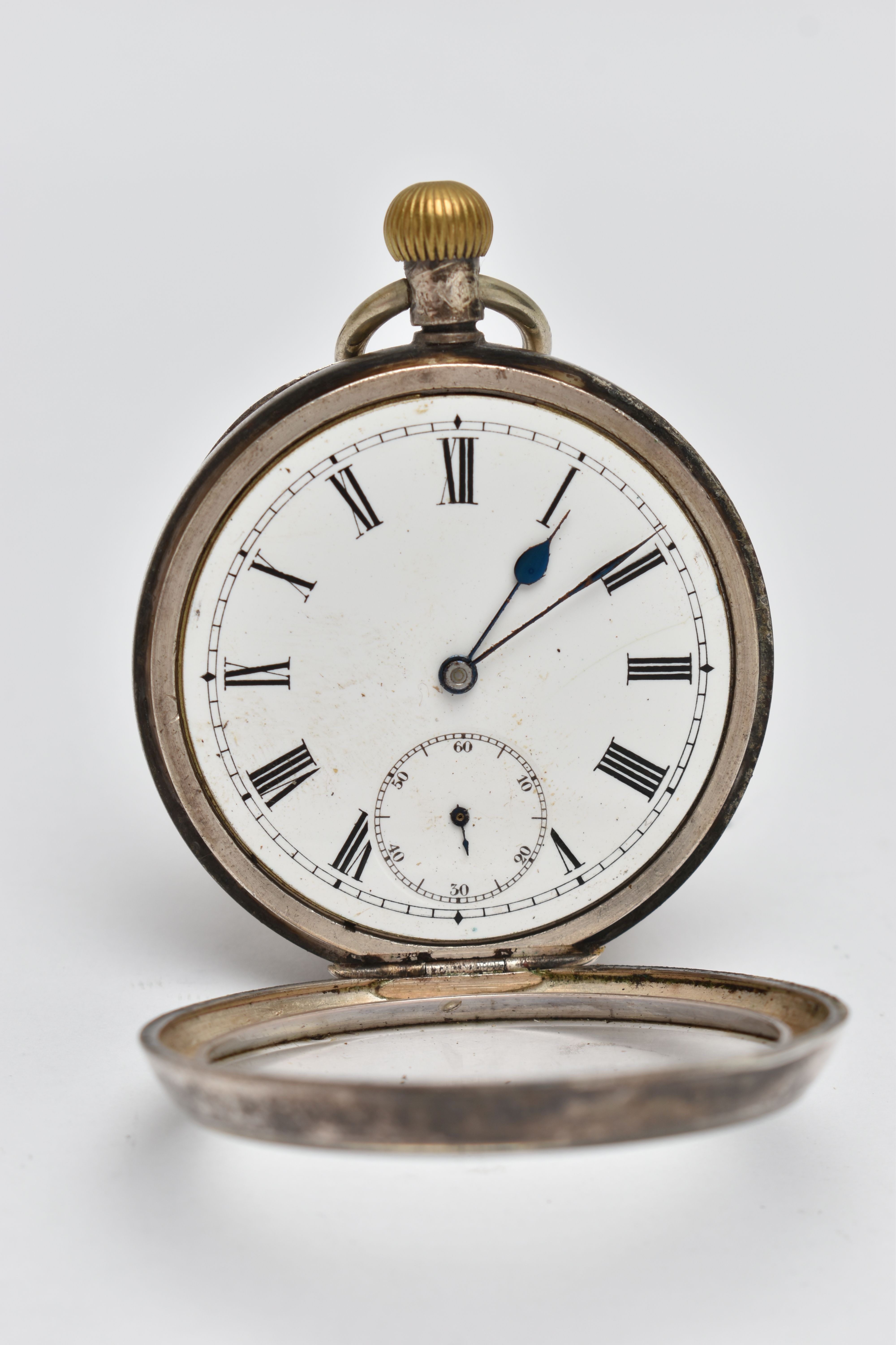 AN OPEN FACE POCKET WATCH, manual wind, round white dial, Roman numerals, subsidiary seconds dial at - Image 3 of 5