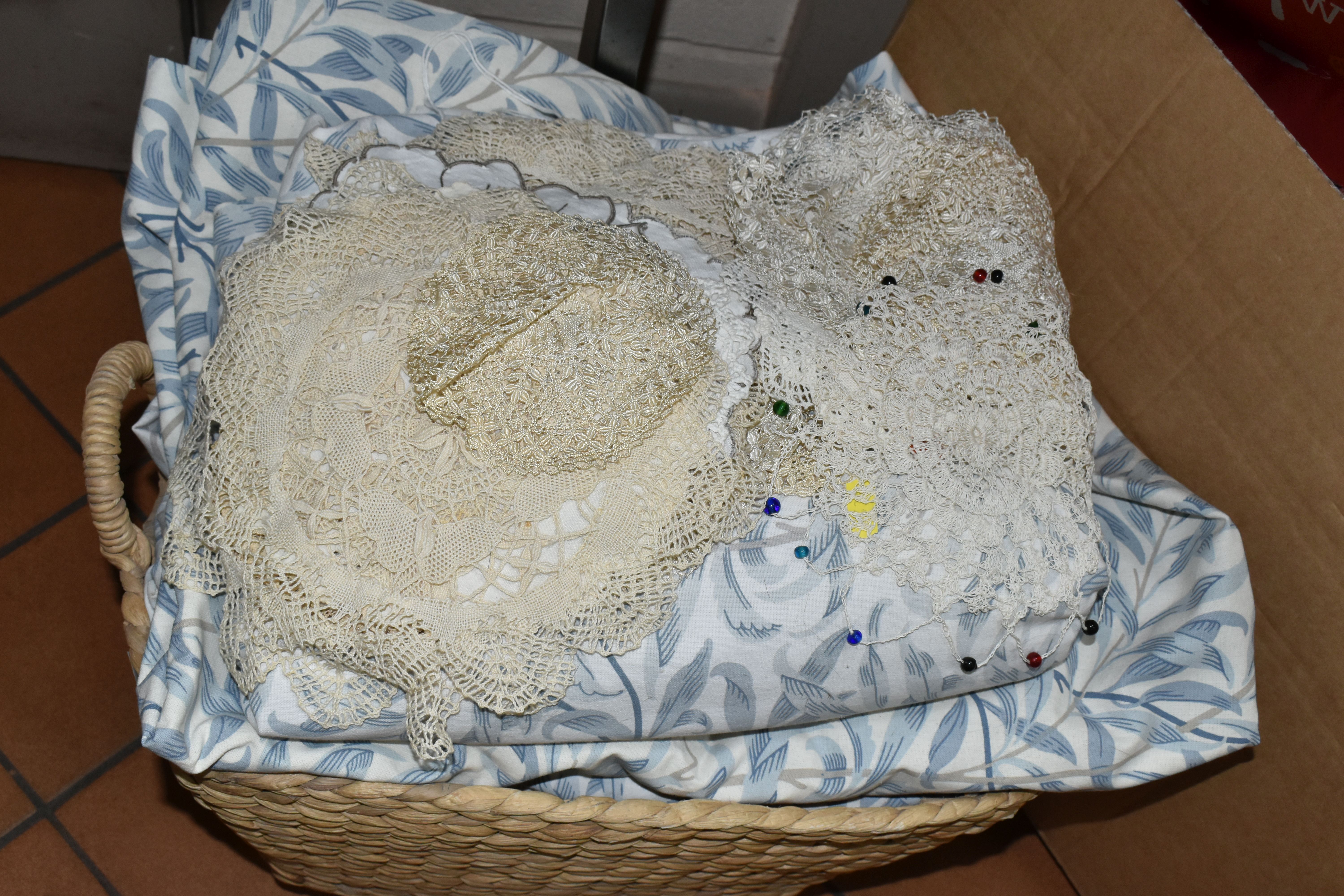 THREE BOXES OF CUSHIONS, EMBROIDERY AND LADIES VINTAGE CLOTHING, to include a quantity of lace - Image 10 of 12