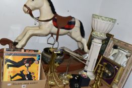 A BOX AND LOOSE ROCKING HORSE, CERAMICS, RECORDS, METAL WARES AND SUNDRY ITEMS, to include a vintage
