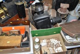 A QUANTITY OF SUNDRY ITEMS ETC, to include magic lantern parts for spares or repair, cast metal lawn