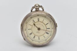 A LATE VICTORIAN SILVER OPEN FACE POCKET WATCH, key wound, round discoloured dial signed 'Marine