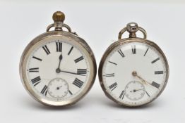 TWO SILVER OPEN FACE POCKET WATCHES, the first a manual wind late Victorian watch, in a polished