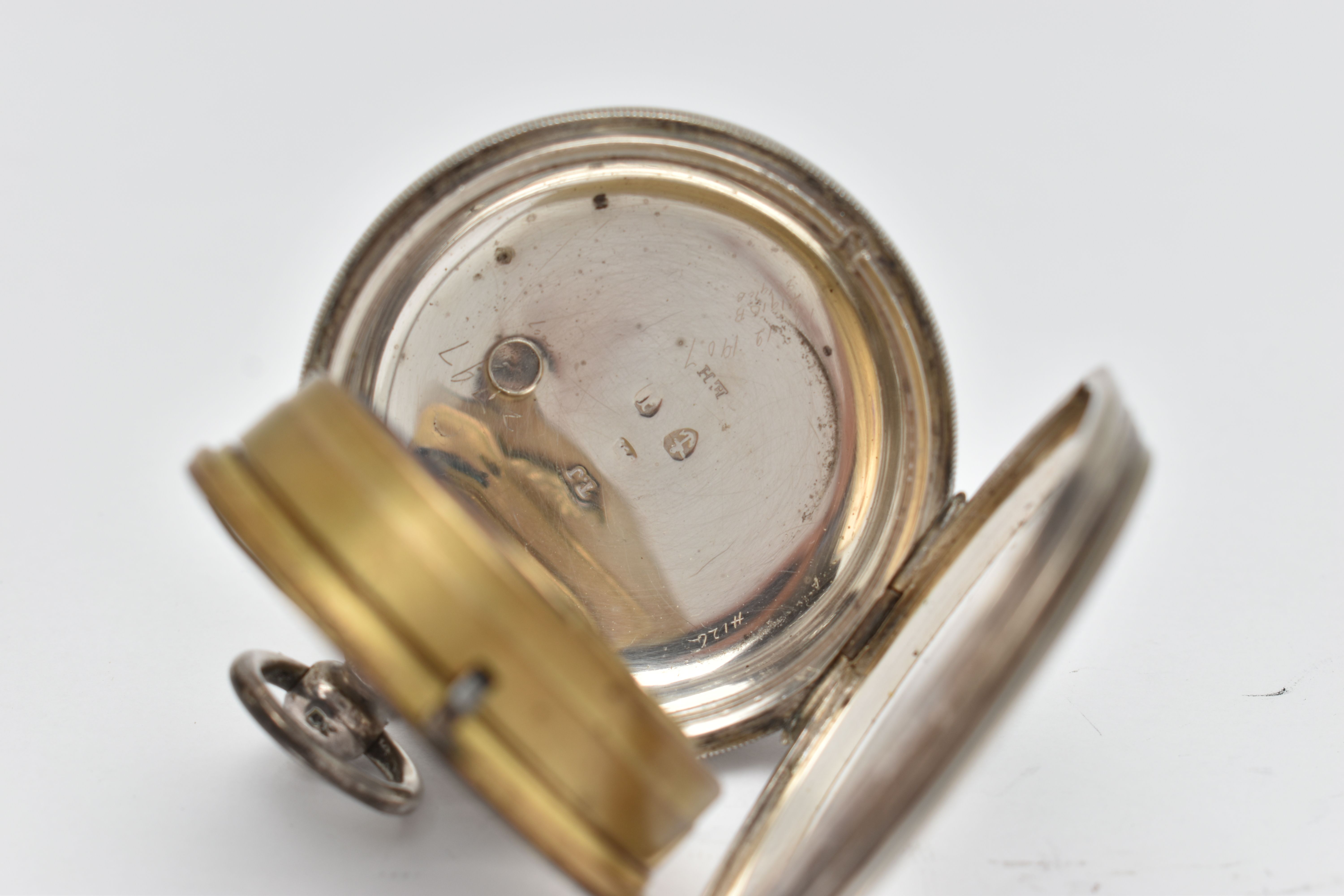 A LATE VICTORIAN SILVER OPEN FACE POCKET WATCH, key wound, round white dial, Roman numerals, - Image 4 of 5