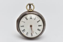 A GEORGE IV PAIR CASE OPEN FACE POCKET WATCH, key wound, round white dial, Roman numerals, rose