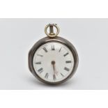 A GEORGE IV PAIR CASE OPEN FACE POCKET WATCH, key wound, round white dial, Roman numerals, rose