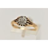 A YELLOW METAL DIAMOND CLUSTER RING, small circular cluster of single cut diamonds, within an