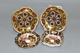 FOUR ROYAL CROWN DERBY TRINKET DISHES, comprising two Imari pattern 1128 frilled edged trinket