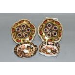 FOUR ROYAL CROWN DERBY TRINKET DISHES, comprising two Imari pattern 1128 frilled edged trinket