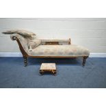 AN EDWARDIAN WALNUT CHAISE LONGUE, width 164cm x depth 64cm x height 74cm, together with a bolster