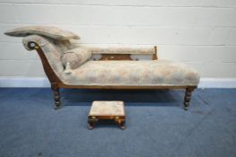 AN EDWARDIAN WALNUT CHAISE LONGUE, width 164cm x depth 64cm x height 74cm, together with a bolster