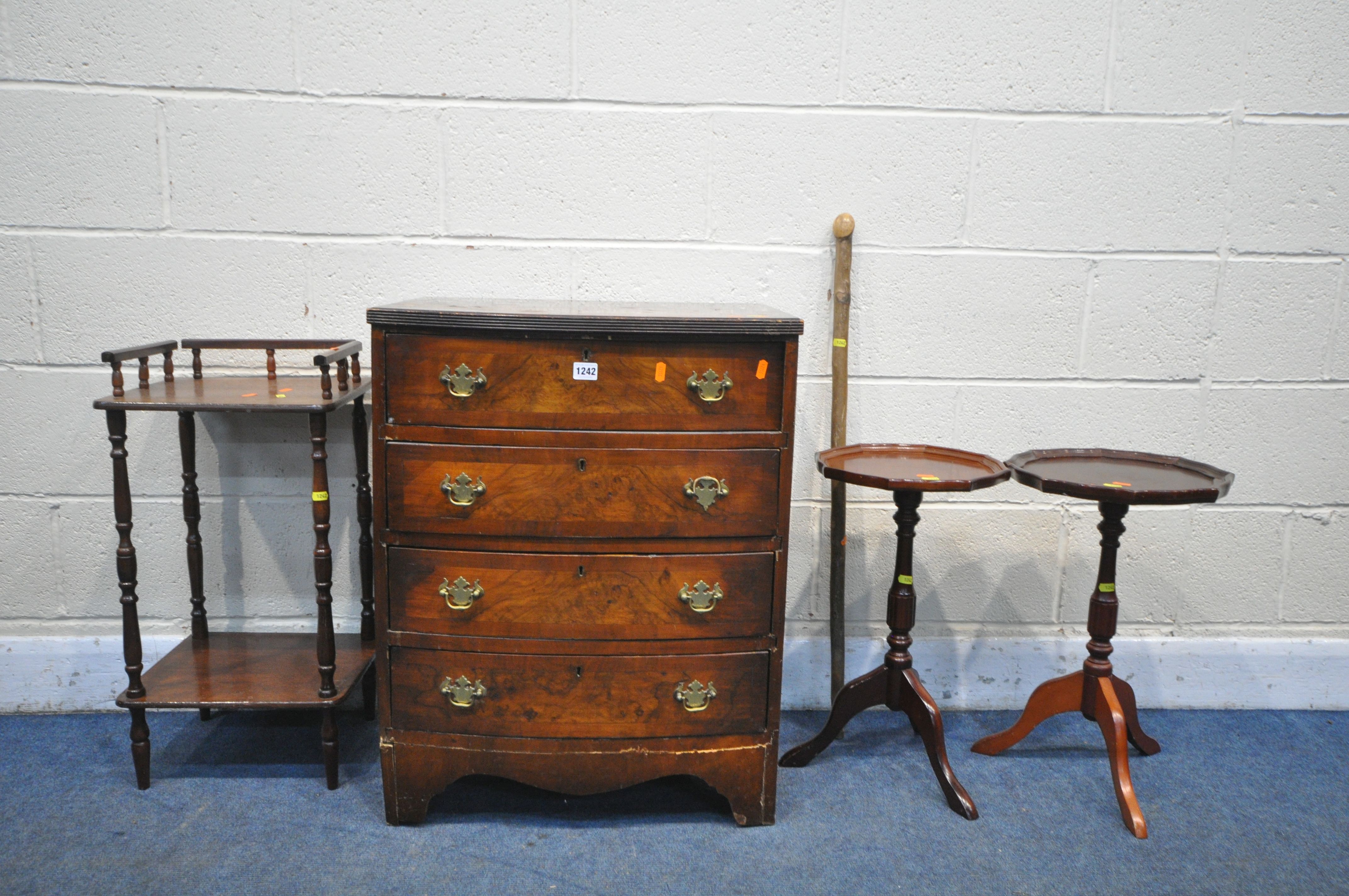 A GEORGIAN STYLE WALNUT BOWFRONT, CHEST OF FOUR DRAWERS, width 59cm x depth 44cm x height 75cm,