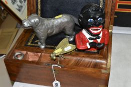A CAST NUTCRACKER AND A VICTORIAN WRITING SLOPE, ETC, comprising a very heavy cast metal nut cracker
