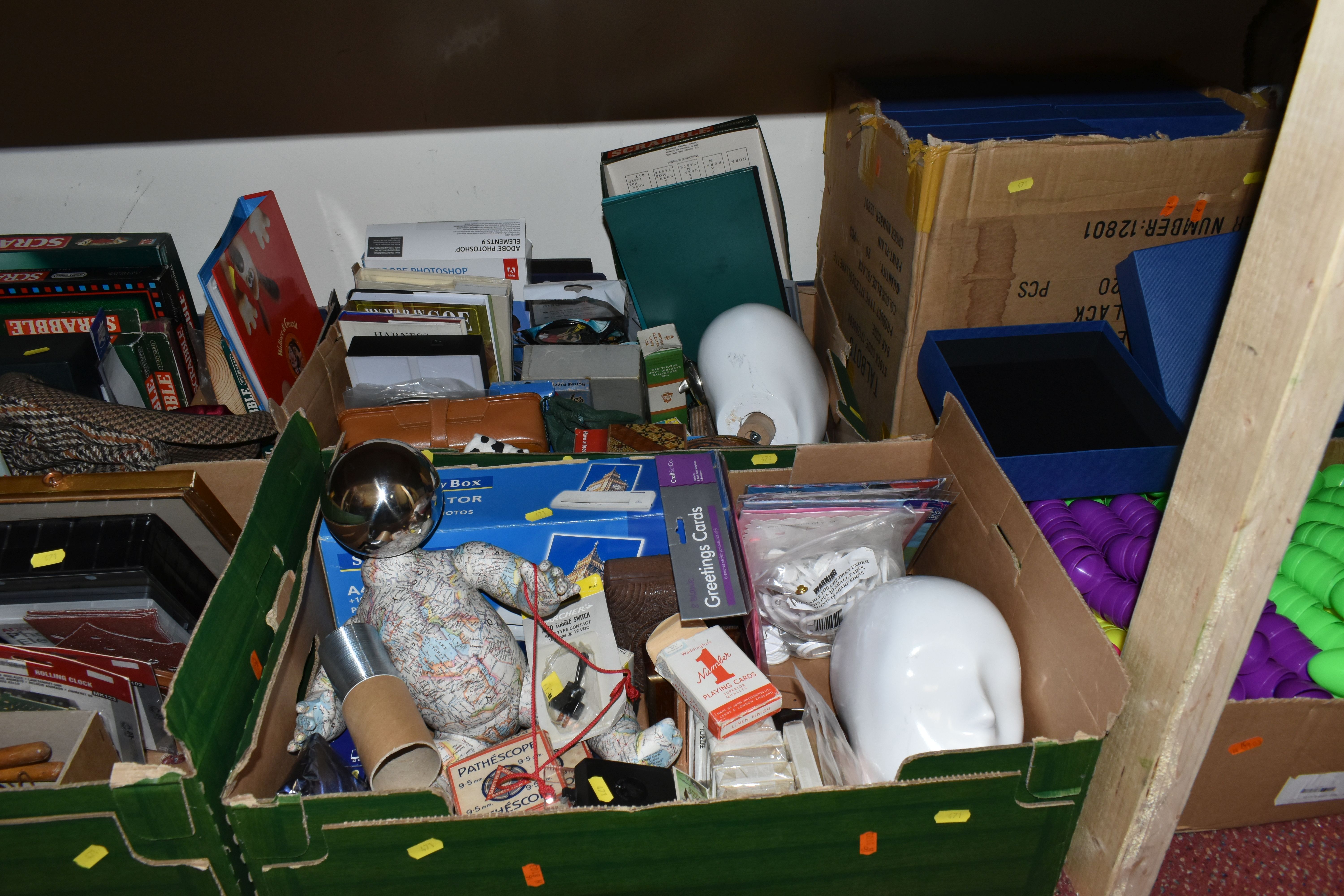 SIX BOXES OF SUNDRIES, to include a box of twenty new and unused navy blue ridged cardboard gift