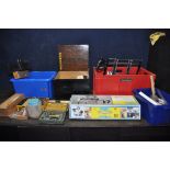 FOUR PLASTIC BOXES CONTAINING TOOLS including paint and pasting brushes, two mitre saws, a mitre