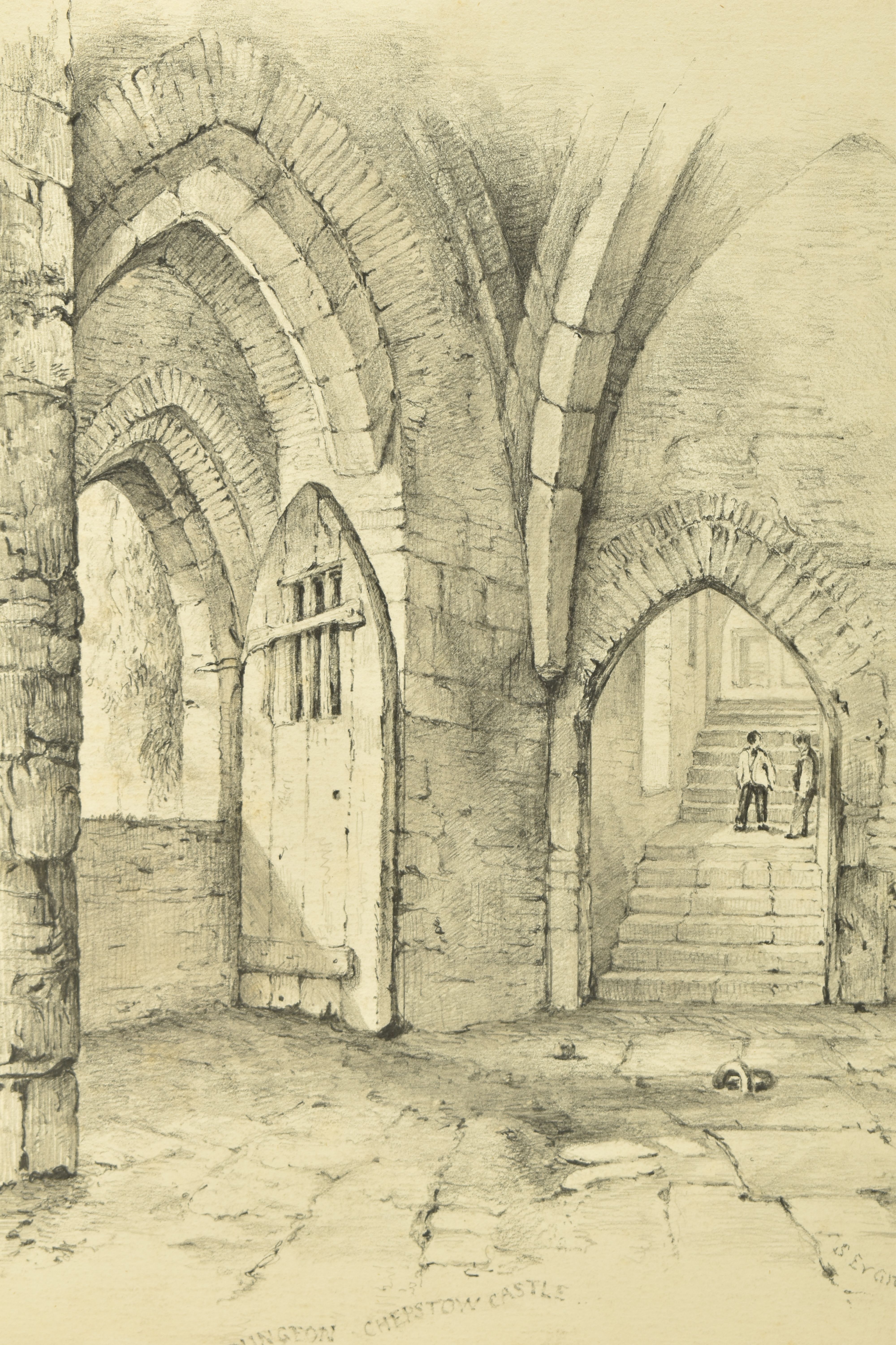 SEBASTIAN EVANS (1830-1909) 'DUNGEON, CHEPSTOW CASTLE', an interior view of the dungeon with two - Image 2 of 9