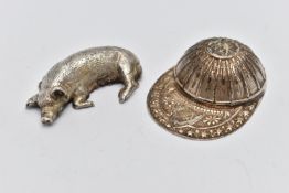 A SILVER 'FRANCIS HOWARD' CADDY SPOON AND A WHITE METAL PIG FIGURINE, the caddy spoon in the form of