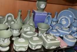 A QUANTITY OF WEDGWOOD JASPERWARES, approximately fifty five pieces, mainly in sage green and pale