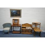 A SELECTION OF OCCASIONAL FURNITURE, to include an oak telephone seat, two oak nesting table