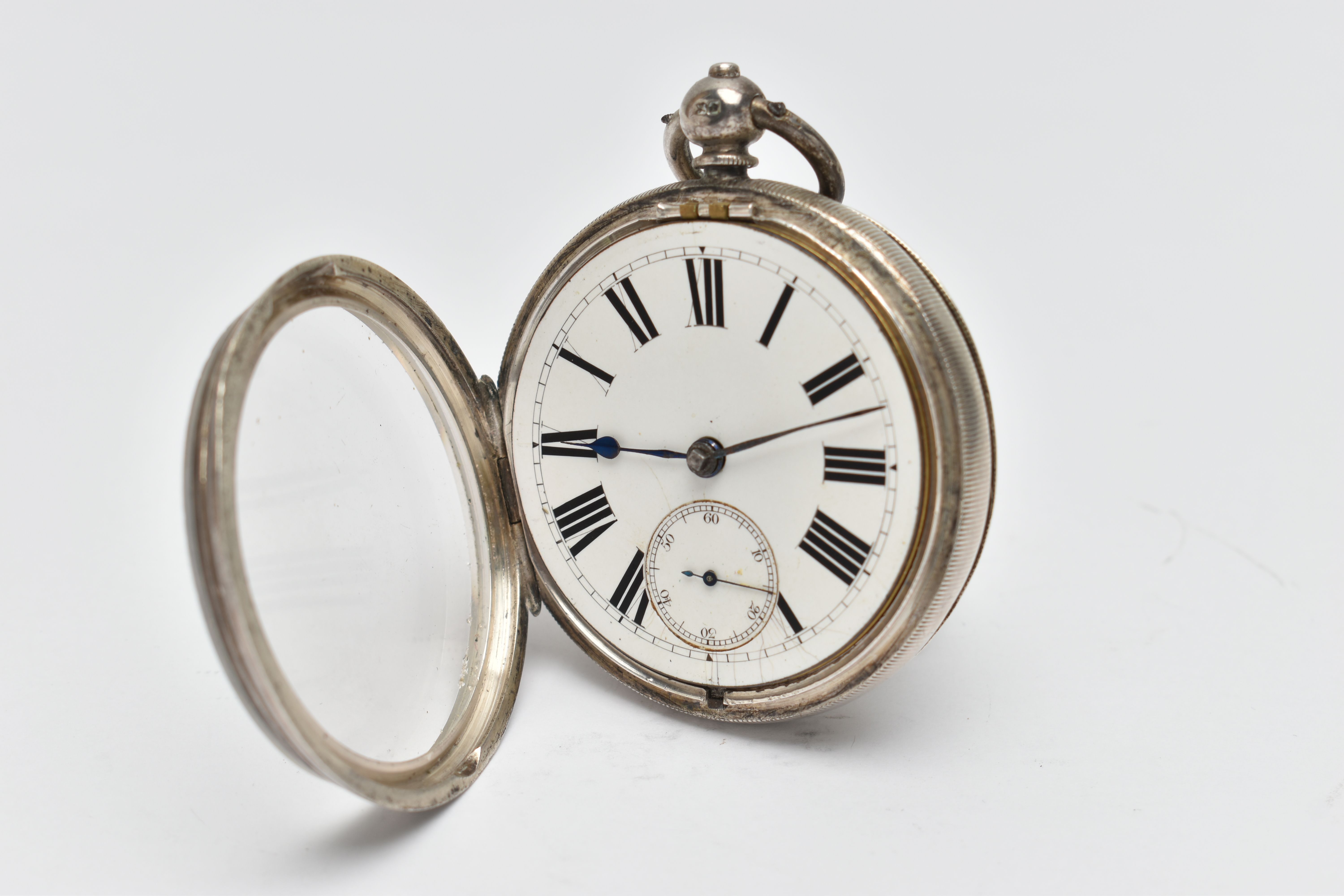 A LATE VICTORIAN SILVER OPEN FACE POCKET WATCH, key wound, round white dial, Roman numerals, - Image 3 of 5