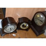 THREE MANTEL CLOCKS, comprising a Bakelite Enfield 1920's art deco clock with chrome bezel, an art