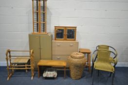 A SELECTION OF OCCASIONAL FURNITURE, to include a two door cabinet, a shoe rack, a pine cd rack, two