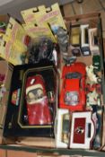 A BOX OF DIECAST TOYS ETC, to include a boxed Burago Jaguar E Cabriolet 1/18th scale, unboxed Burago