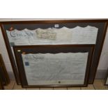 TWO LATE FRAMED 19TH CENTURY INDENTURES, the larger dated 1822, the smaller dated 1829, both have