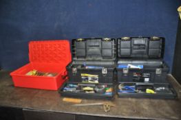 A PLASTIC TRAY AND TWO PLASTIC TOOLBOXES CONTAINING TOOLS including multimeters, wire stripper,