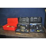 A PLASTIC TRAY AND TWO PLASTIC TOOLBOXES CONTAINING TOOLS including multimeters, wire stripper,