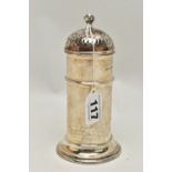 AN GEORGE V SILVER SUGAR CASTER, plain cylindrical caster with domed pierced cover, hallmarked '