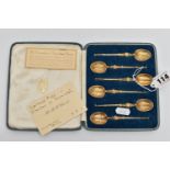 A CASED SET OF SIX GEORGE VI SILVER GILT REPLICA CORONATION ANOINTING SPOON TEASPOONS, maker's