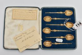 A CASED SET OF SIX GEORGE VI SILVER GILT REPLICA CORONATION ANOINTING SPOON TEASPOONS, maker's