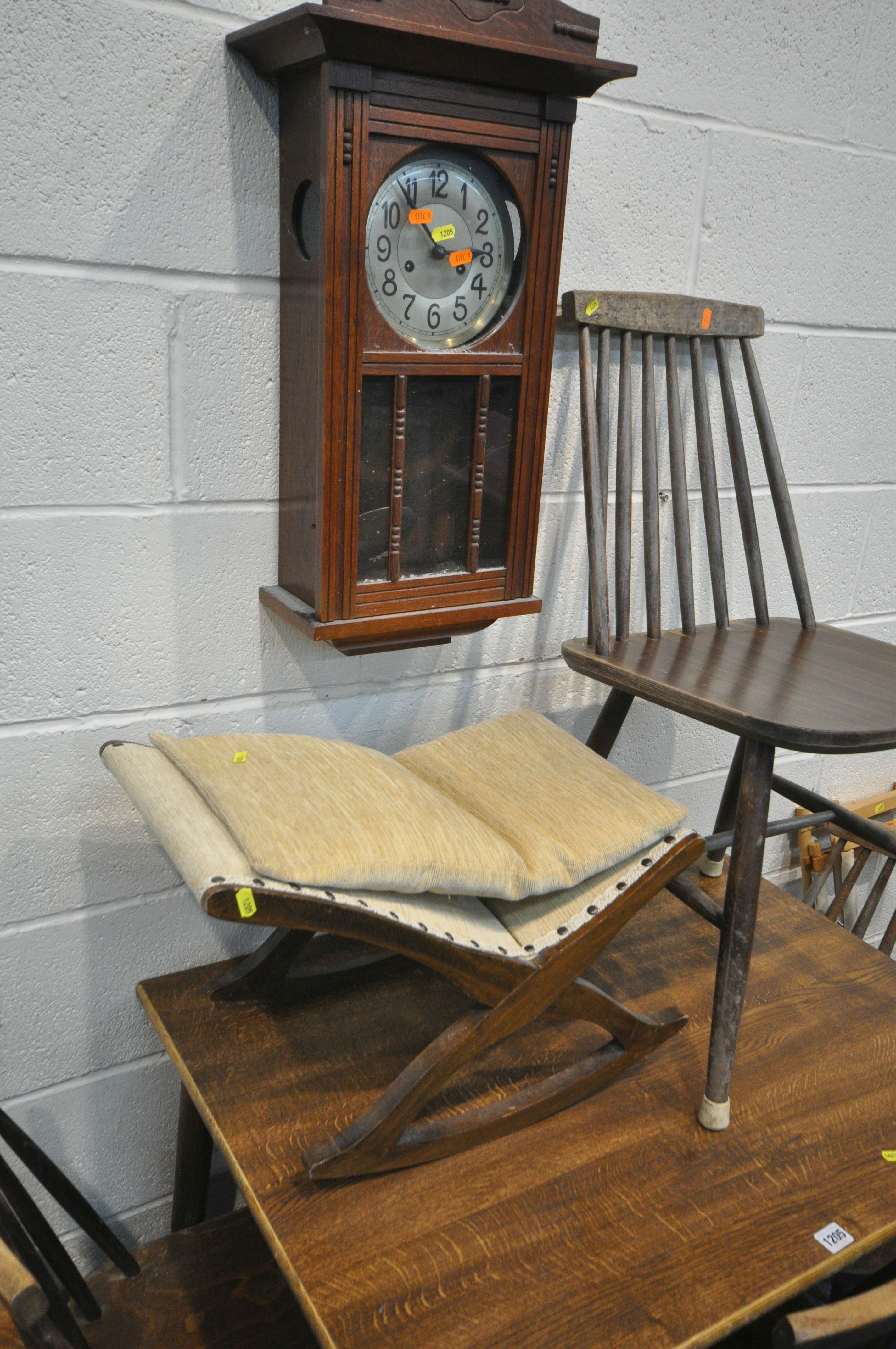 A RECTANGULAR KITCHEN TABLE, four spindle back chairs, two tapestry stands, a gout stool, a wall - Image 2 of 6