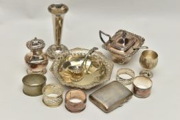 A BOX OF ASSORTED SILVER AND WHITE METAL, to include a silver cigarette case, machine turned pattern