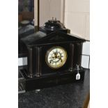 A 19TH CENTURY BLACK SLATE MANTEL CLOCK, architectural form, with four columns to the front, gilt