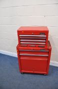 A HALFORDS STACKING MECHANICS TWO PIECE TOOL CHEST containing spanners, two partial socket sets