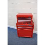 A HALFORDS STACKING MECHANICS TWO PIECE TOOL CHEST containing spanners, two partial socket sets