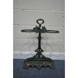 A VICTORIAN STYLE CAST IRON GREEN PAINTED UMBRELLA STAND, with foliate design, height 73cm (