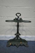 A VICTORIAN STYLE CAST IRON GREEN PAINTED UMBRELLA STAND, with foliate design, height 73cm (