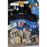 A BOX AND LOOSE BREWING RELATED ITEMS, to include Guinness beer pump signs, Guinness branded beer