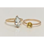 TWO 9CT GOLD GEM SET RINGS, the first claw set with a marquise shape aquamarine, ring size M 1/2,