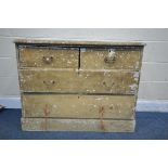 A VICTORIAN PINE CHEST OF TWO SHORT OVER TWO LONG DRAWERS, length 106cm x depth 52cm x height